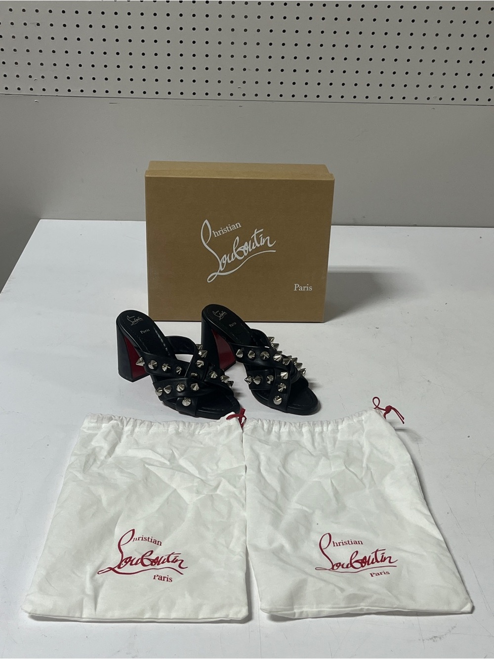 Christian Louboutin Black Studded Leather Block Heel Mules with Red Sole